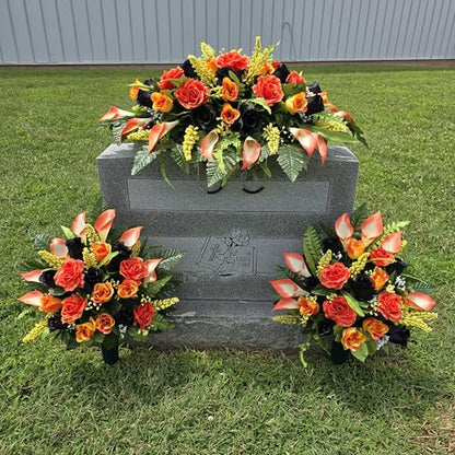 Headstone Saddle and Cemetery Cone Set with Orange and Black Rose Flowers for Halloween, Fall, and Motorcycle Biker Memorial Decoration