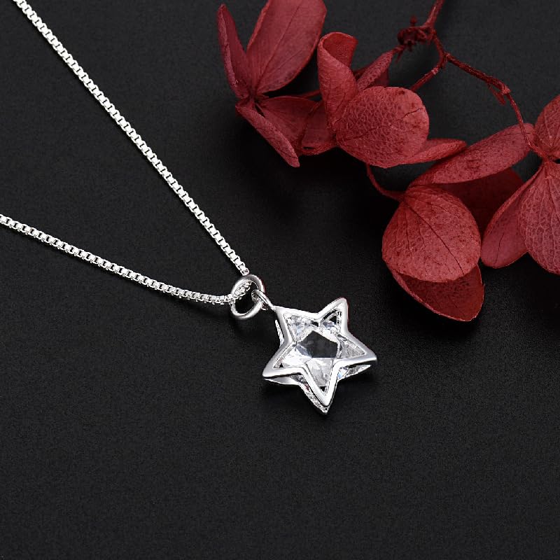 925 Sterling Silver Necklace for Women – Layered Stackable Choker Necklaces with Heart Photo Locket & Star - Pendant 18" Chain Gift for Wife, Mom, Girlfriend, Birthday, Anniversary, Valentine’s Day - color: Bright Stone Star