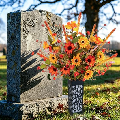 2PCS Artificial Fall Flowers for Cemetery Grave Fake Daisy with Vase, 27in | UV Resistant Autumn Grave Decor Artificial Lavender Daisy Cemetery Flowers for Headstone Tombstone Thanksgiving Outdoor