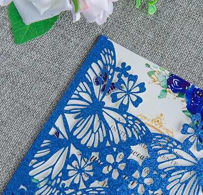 20 PCS Butterfly Quinceanera Invitation, Laser Cut Invitation Cards | 5.12x7.2" Blue Glitter Butterfly Quinceanera Invitation with Envelopes for XV Anos Bridal Shower Baby Shower Invite - color: Blue Glitter