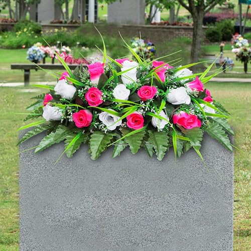 LVXINLI Artificial Cemetery Flower-Outdoor Grave Saddle Headstone Decorations,Pink and White Rose Memorial Day Flowers for gravesite (Pink and White)… - color: Pink and White