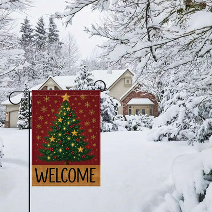 Merry Christmas Garden Flag 12x18 inches Welcome Sign Red, green, and gold Christmas tree with stars, holly berries, and snowflakes, designed for indoor and outdoor weather resistance, suitable for terraces, courtyards, decks, and holiday decorations.outd