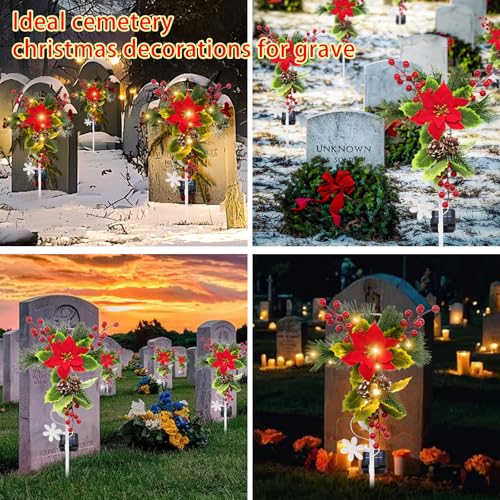2 Pack Solar Christmas Decorations Outdoor, 32 Inch Solar Christmas Cross Stake Lights, Waterproof Grave Decorations with Poinsettia Flower Pinecones Red Berries for Garden Yard Patio Lawn Cemetery - style: 2 Pack Poinsettia Cross
