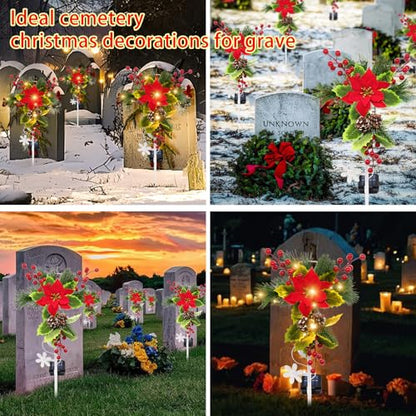2 Pack Solar Christmas Decorations Outdoor, 32 Inch Solar Christmas Cross Stake Lights, Waterproof Grave Decorations with Poinsettia Flower Pinecones Red Berries for Garden Yard Patio Lawn Cemetery - style: 2 Pack Poinsettia Cross