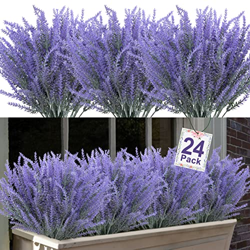 24 Pcs Artificial Lavender Fake Flowers Outdoors, Gray Purple | Realistic, faux plastic plants, UV resistant, for home wedding garden patio window table centerpieces indoor outdoor decor - color: Gray Purple, size: 24 Bundles