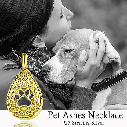 Dreamboat Pet Urn Necklace for Dog Cat Ashes 925 Sterling Silver Paw Print Cremation Keepsake Pendant Celtic Knot Memorial Jewelry Gifts for Women Men - style: 04C-Teardrop (Gold)