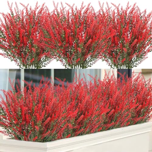 12 Pcs Artificial Lavender Fake Flowers Outdoors, Red | Realistic, faux plastic plants, UV resistant, for home wedding garden patio window table centerpieces indoor outdoor decor - color: Red, size: 12 Bundles