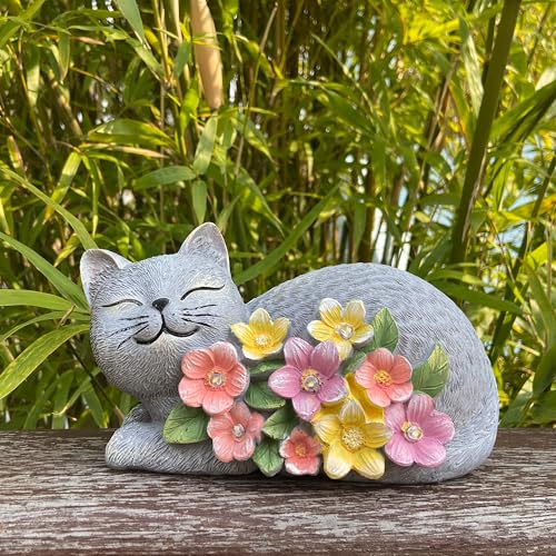 Solar Cat Garden Statue, Resin Solar Cat Lights for Outside - color: Gray With Colorful Flowers--lying Cat