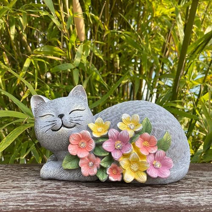 Solar Cat Garden Statue, Resin Solar Cat Lights for Outside - color: Gray With Colorful Flowers--lying Cat