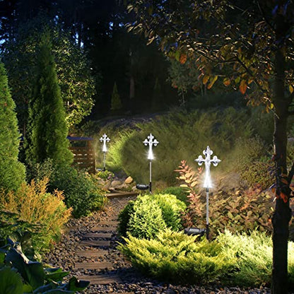 Riakrum 4 Pcs Solar Cross Lights Cemetery Memorial Stake 16 Inch,Cross | Waterproof Outdoor Garden Stake, Grave Decorations Religious Solar Powered, Cemetery Yard Memorial Markers