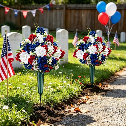 2 Set Artificial Patriotic Flowers Bouquet for Grave 4th of July Memorial Day Veterans Cemetery Decoration with Long Nail Vases Weatherproof Red White Blue Rose Daisy Floral American 250th Anniversary