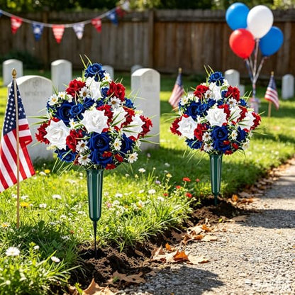 2 Set Artificial Patriotic Flowers Bouquet for Grave 4th of July Memorial Day Veterans Cemetery Decoration with Long Nail Vases Weatherproof Red White Blue Rose Daisy Floral American 250th Anniversary