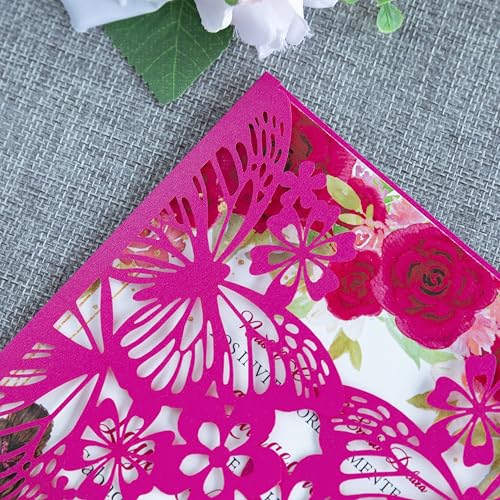 20 PCS Butterfly Quinceanera Invitation, Laser Cut Invitation Cards | 5.12x7.2" Fuchsia Butterfly Quinceanera Invitation with Envelopes for XV Anos Bridal Shower Baby Shower Invite - color: Fuchsia