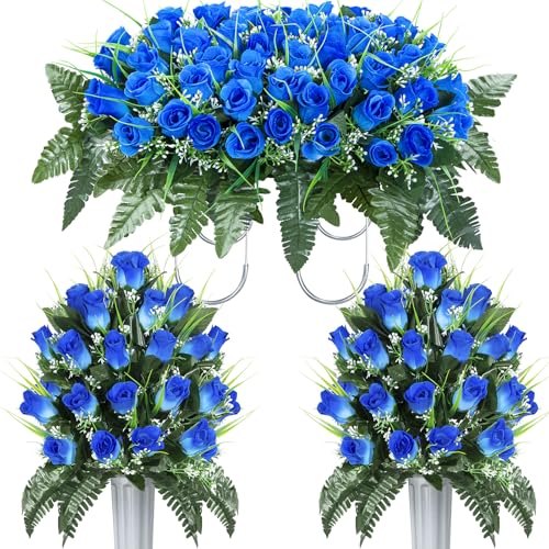 XONOR Artificial Cemetery Flower Saddles, Artificial Cemetery Memorial Flowers with Vase for Grave Tombstone Decorations (Blue, 1 Saddle & 2Bouquets with Vase) - color: Blue Rose
