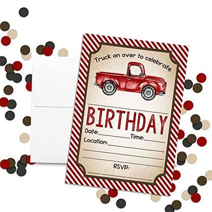 Watercolor Red Pick Up Truck Birthday Party Invitations for Boys, 20 5x7 Fill In Cards with Twenty White Envelopes by AmandaCreation - style: Watercolor Red Pick Up Truck