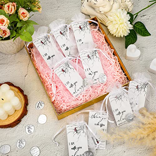 100 Sets Memorial Angel Sign Set Pocket Angel Tokens Coins Inspirational Christian Bible Verb Quotes Funeral Cardinal Sign I Am with You Always Cards White Organza Bags Guardian Gift Bag Angel Charms