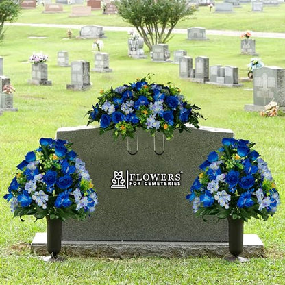 Sympathy Silks Artificial Cemetery Flowers - Gravesite Flowers - Blue Roses and Hydrangeas - (1) Headstone Flower Saddle & (2) Matching Bouquet - size: (1) Saddle (2) Bouquet