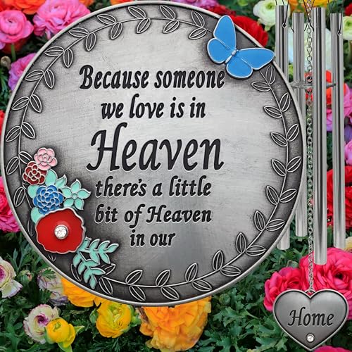 Memorial Wind Chimes for Loss of Loved One – Sympathy Gift with Enameled Butterfly & Flowers, in Loving Memory Wind Chime for Garden, Outdoor Remembrance Bereavement Gift, 22 Inch