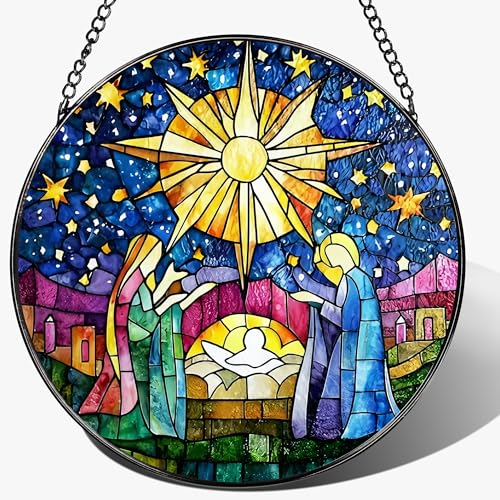 8'' Stained Glass Window Hanging, Nativity Scene Christmas Ornament, Christian Ornament, Sun Catcher Window Decor, Religious Holiday Decor, Gifts for Christmas, Religious Gift, Christian Gift - color: Nativity-c