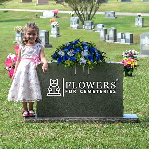 Sympathy Silks 30" Headstone Flower Saddle Artificial Cemetery Flowers - Gravesite Flowers - Blue Roses and Hydrangeas - size: Saddle