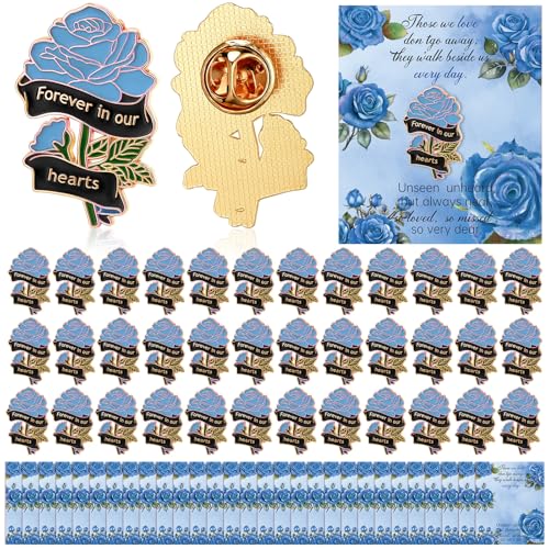 Suncalla 65 Sets Funeral Favors, Celebration of Life Favors Bulk Memorial Rose Lapel Pins with Recuerdos Sympathy Cards for Memorial Party Supplies Guest Return Favor Funeral Gifts - color: Blue