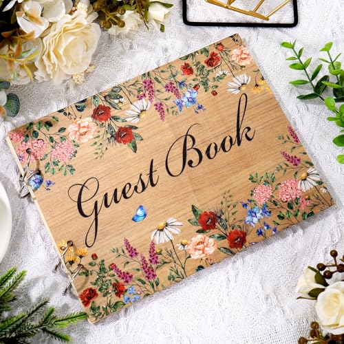 JarThenaAMCS Wildflower Guest Book with Wooden Cover Alternative Vintage Floral Guest Sign in Book with 100 Lined Pages for Wedding Baby Shower Party Keepsake