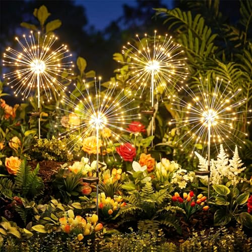 Brightown 4 Pack Garden Decor Solar Lights Outdoor Decorative,150LED Firework Lights for Outside,8 Modes Solar Powered Stake Fairy Light for Yard Pathway Flowerbed Patio Christmas Decor,Warm White - color: Warm white-4PC