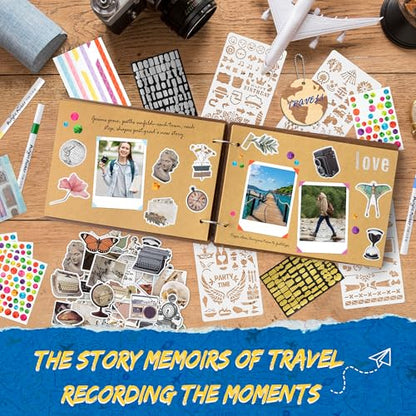 CY2SIDE Travel Photo Album Scrapbook - 111PCS Let The Adventure Begin Wooden Travel Scrapbook Craft Kit, Traveling Diary Photo Book DIY Handmade Souvenir Gifts for Adventure Lovers, Heartfelt Present - style: Travel