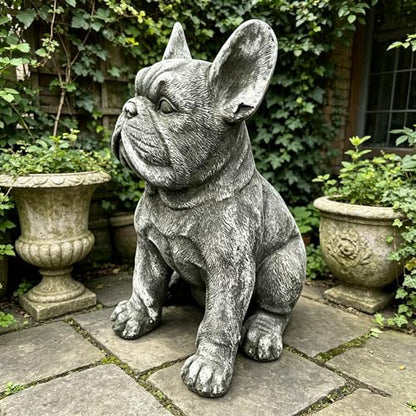 French Bulldog Statue, 15.75 in Weathered Gray Resin Dog Sculpture | Upright ears, defined facial folds, broad front paws; porch patio entryway accent, Frenchie lover and housewarming gift - color: French Bulldog