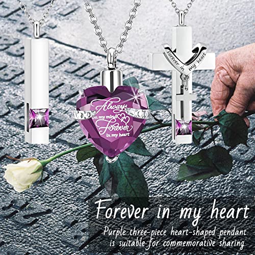weikui 3 Pieces Heart Cross Cubic Urn Necklace for Ashes for Men Women Cremation Jewelry Crystal Memorial Locket Ashes Pendant Family Keepsake Sharing Jewelry Set - color: 3 Silver Pendants - Purple