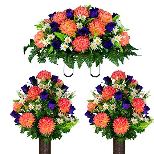 Artificial Cemetery Flowers – Realistic Vibrant Roses, Outdoor Grave Decorations - Non-Bleed Colors, and Easy Fit - 2 Salmon Pink Mum and Purple Rose Bouquets & 1 Saddle - color: Salmon, size: 2 Bouquets and 1 Saddle