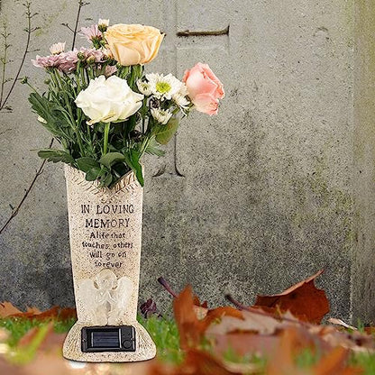 Solar Memorial Cemetery Flower Vase with LED for Fresh/Artificial Cemetery Grave Decorations Angel Statue Vase with Spikes Gravestone Decor - style: Angel