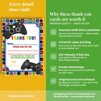 Amanda Creation Video Game Thank You Cards, 10 Pack 4x5.5 Kids Thank You Cards Fill in the Blank with White Envelopes, Game On Gamer Birthday Notes, Made in USA - style: Game On Video Gamer