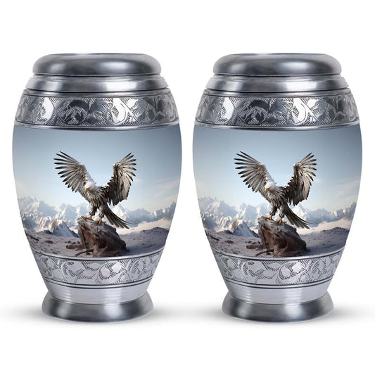 Eagle with Snow Mountains in - Mini Urn - Small Metal Cremation Container - Miniature Urns for Ashes - Loss Memorial - Memorial Keepsake Urns - 3 Inch - Pack of 2 - size: Pack Of 2