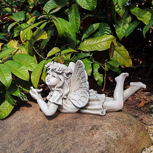 Garden Angel with Bird Statue, Resin Fairy Outdoor Memorial Decor | Weather-Resistant Accent For Patios, Yards, Gardens And Thoughtful Gifts - style: Angel Holding A Bird