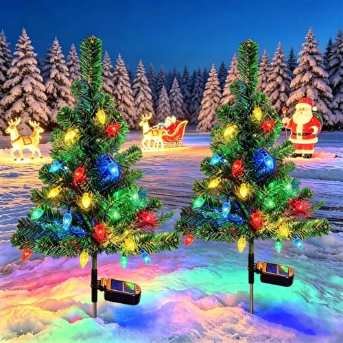 Windpnn 2Pack Solar Christmas Tree Lights Outdoor Decorations, with 40 Strawberry Lights Waterproof Pathway Lights for Garden Patio Yard Cemetery Decor