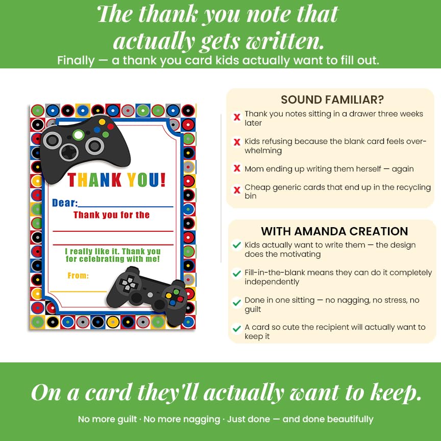 Amanda Creation Video Game Thank You Cards, 10 Pack 4x5.5 Kids Thank You Cards Fill in the Blank with White Envelopes, Game On Gamer Birthday Notes, Made in USA - style: Game On Video Gamer