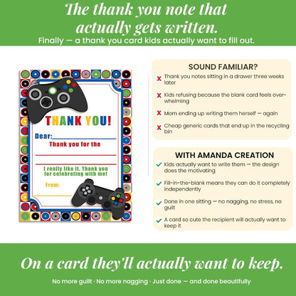 Amanda Creation Video Game Thank You Cards, 10 Pack 4x5.5 Kids Thank You Cards Fill in the Blank with White Envelopes, Game On Gamer Birthday Notes, Made in USA - style: Game On Video Gamer
