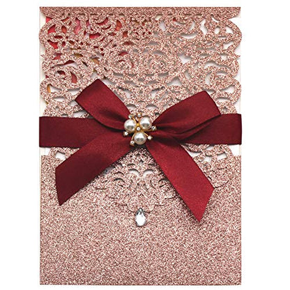 25Pcs Rose Gold Glitter Laser Cut Invitations with RSVP Card and Envelopes - color: Glitter Rose Gold