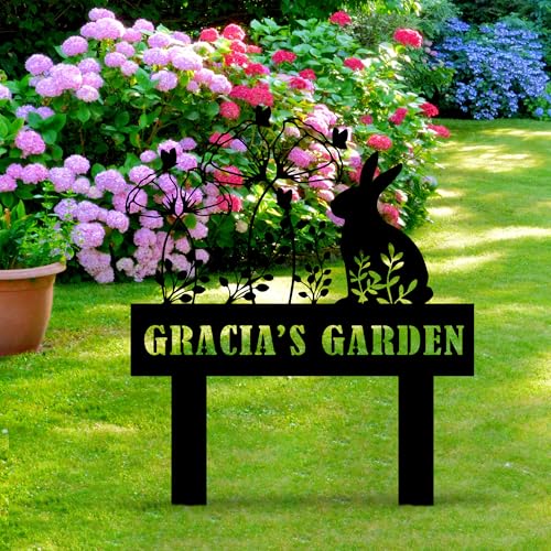 Custom Metal Rabbit and Flower Garden Stake, Bunny Metal Garden Sign, Personalized Easter Rabbit with Flower Sign, Farm Animal Sign, Pet Grave Marker, Rabbit Sympathy Gift, Pet Loss, Remembrance Stake - color: STAKEDESING_10