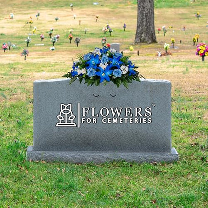 Sympathy Silks 30" Headstone Flower Saddle Artificial Cemetery Flowers - Gravesite Flowers - Blue Lily and Rose with White Daisies - color: Blue, size: Saddle