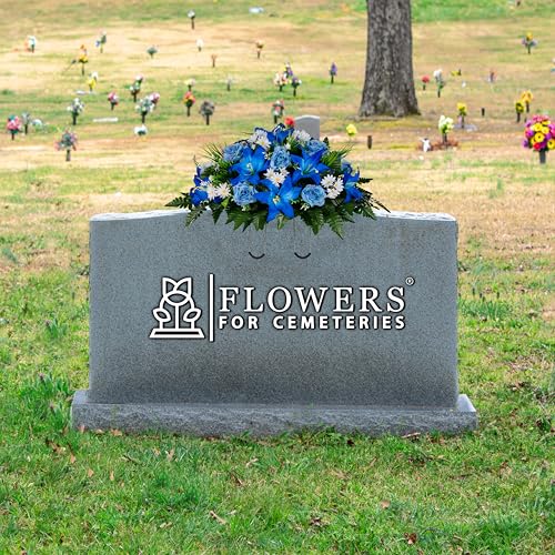 Sympathy Silks 30" Headstone Flower Saddle Artificial Cemetery Flowers - Gravesite Flowers - Blue Lily and Rose with White Daisies - color: Blue, size: Saddle
