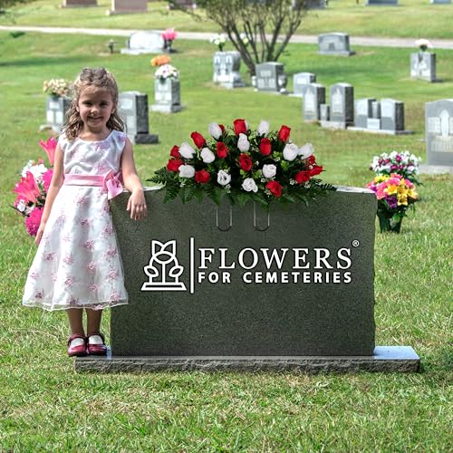 30" Headstone Flower Saddle Artificial Cemetery Flowers - Gravesite Flowers - Red and White Roses - color: Red and White Roses, size: (1) Saddle