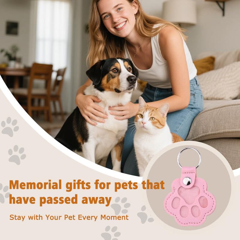 Leather Paw Print Keychain for Dog Cat Pet Hair Keepsake Keychain Sympathy Memorial Gift for Loss of Cat Dog Puppy - color: Pink