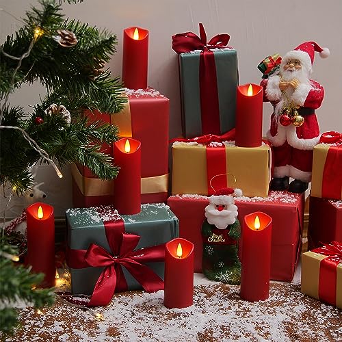 Homemory Christmas Flameless Candles, Battery Operated Candles with Remote Timers, Electric Fake Candles for Home, Christmas Decoration, Made of Plastic, Red/Burgundy, Set of 9 | Plastic shell, battery operated flickering c, les, dual remotes, indoor Hall