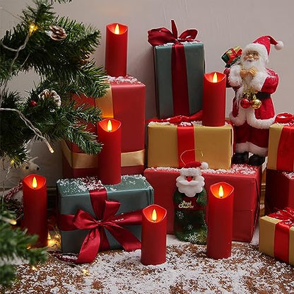 Homemory Christmas Flameless Candles, Battery Operated Candles with Remote Timers, Electric Fake Candles for Home, Christmas Decoration, Made of Plastic, Red/Burgundy, Set of 9 | Plastic shell, battery operated flickering c, les, dual remotes, indoor Hall