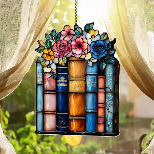 Floral Book Acrylic Suncatcher Size 12 inches, Bookish Stained Glass Effect Window Hanging Ornament, Garden Decor, Gift for Book Lover Reader Bookworm - color: Book-lovers-3, size: 12"