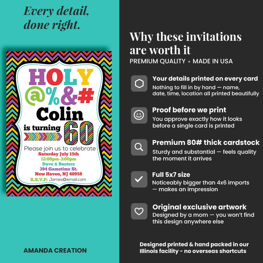 Custom Birthday Invitations 60th Birthday Invitation 20 5x7 Custom 60 Party Invitation Cards With Envelopes - Unique 60th Party Invitation Hilarious Holy &*$% Theme - style: Custom - 20 Pack