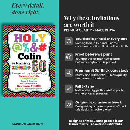 Custom Birthday Invitations 60th Birthday Invitation 20 5x7 Custom 60 Party Invitation Cards With Envelopes - Unique 60th Party Invitation Hilarious Holy &*$% Theme - style: Custom - 20 Pack