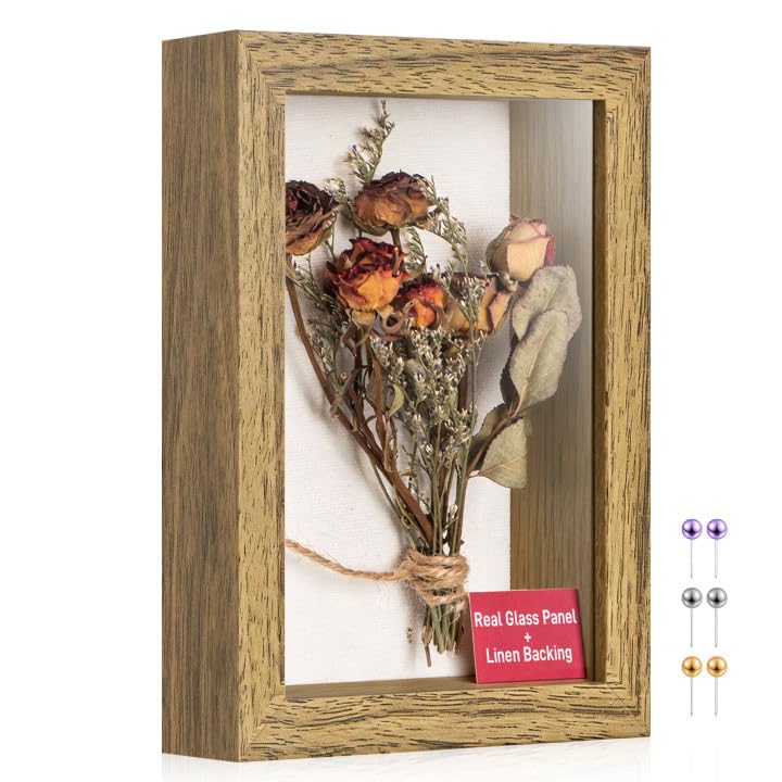 4x6 Small Shadow Box Frame with Ultra-Clear Glass & Soft Linen Back | With Push Pins and Stand, Deep 1.2" Brown Shadow Box Display Case – Display on Tabletop or Wall for Photo, Flower, Keepsakes - color: Brown+high Definition Panel + Shatter-proof Packagi